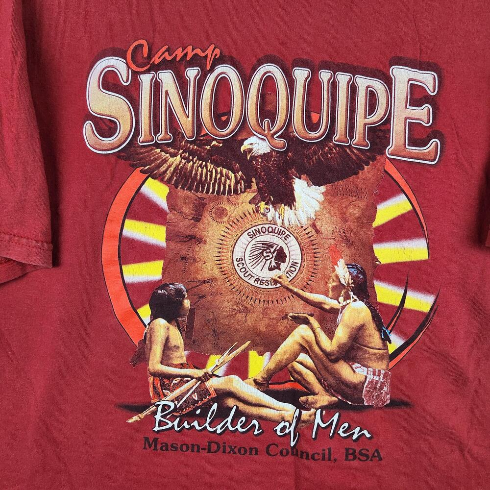 Vintage Boy Scouts BSA Camp Sinoquipe Shirt Mens XL Red Graphic Native Indian